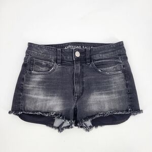 American Eagle High Rise Shortie Black Denim Shorts Distressed Raw Hem Size 6